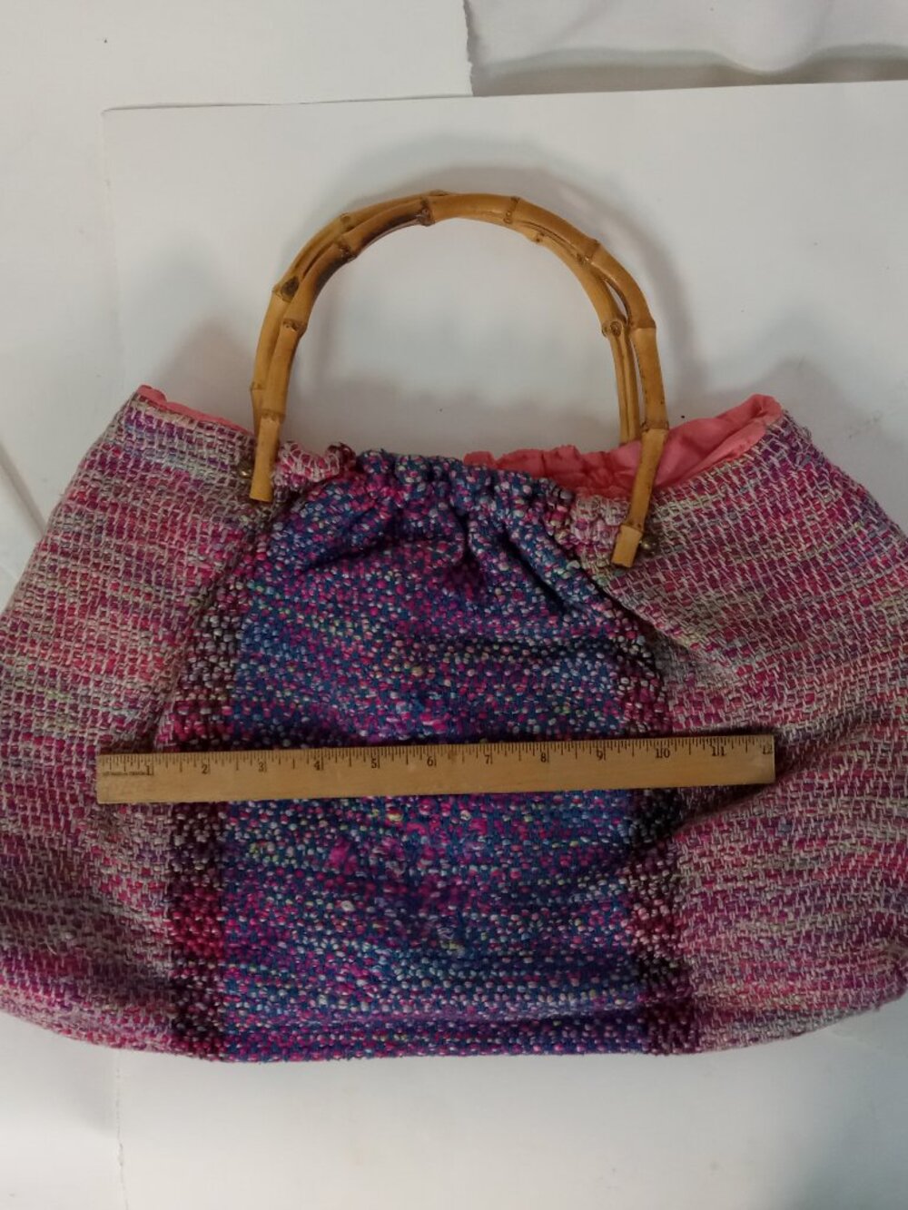 Vintage Hand Woven Fabric Textile Handbag Purse Pink Blue Bamboo Handles - Picture 2 of 15